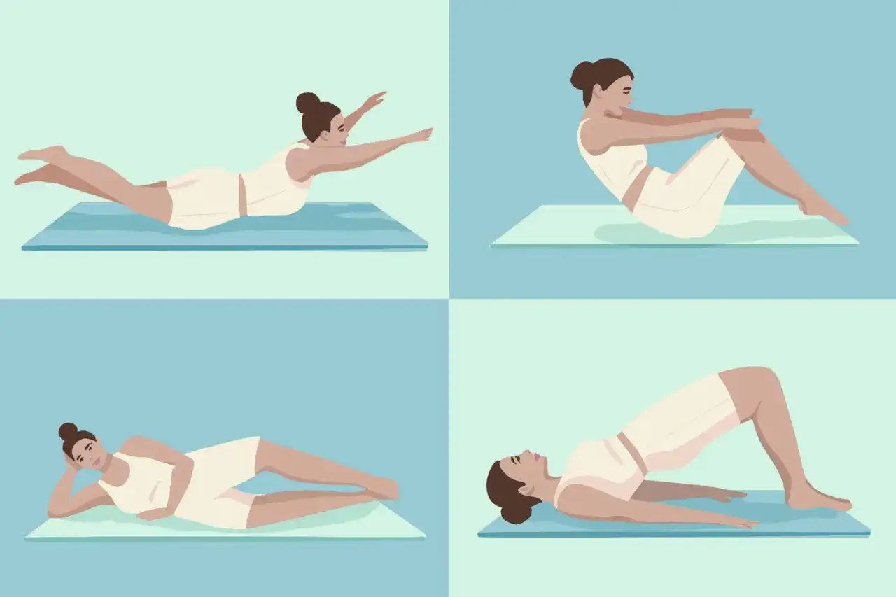 Ilustracja pokazuje cztery pozycje ćwiczeń, które wyjaśniają, co to jest pilates: leżenie na brzuchu, siad z podkurczonymi nogami, leżenie na boku i mostek.